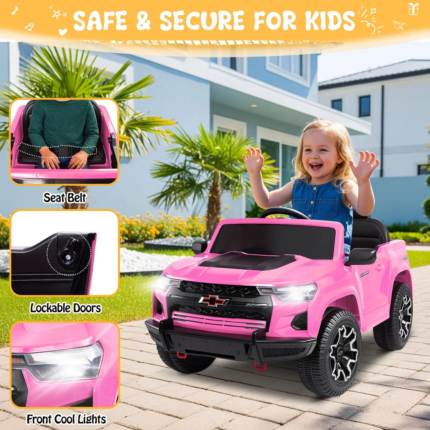 12V Licensed Chevrolet Colorado Electric Ride on Car Toy for Toddler Kid W/ Remote Control, LED Lights, Pink