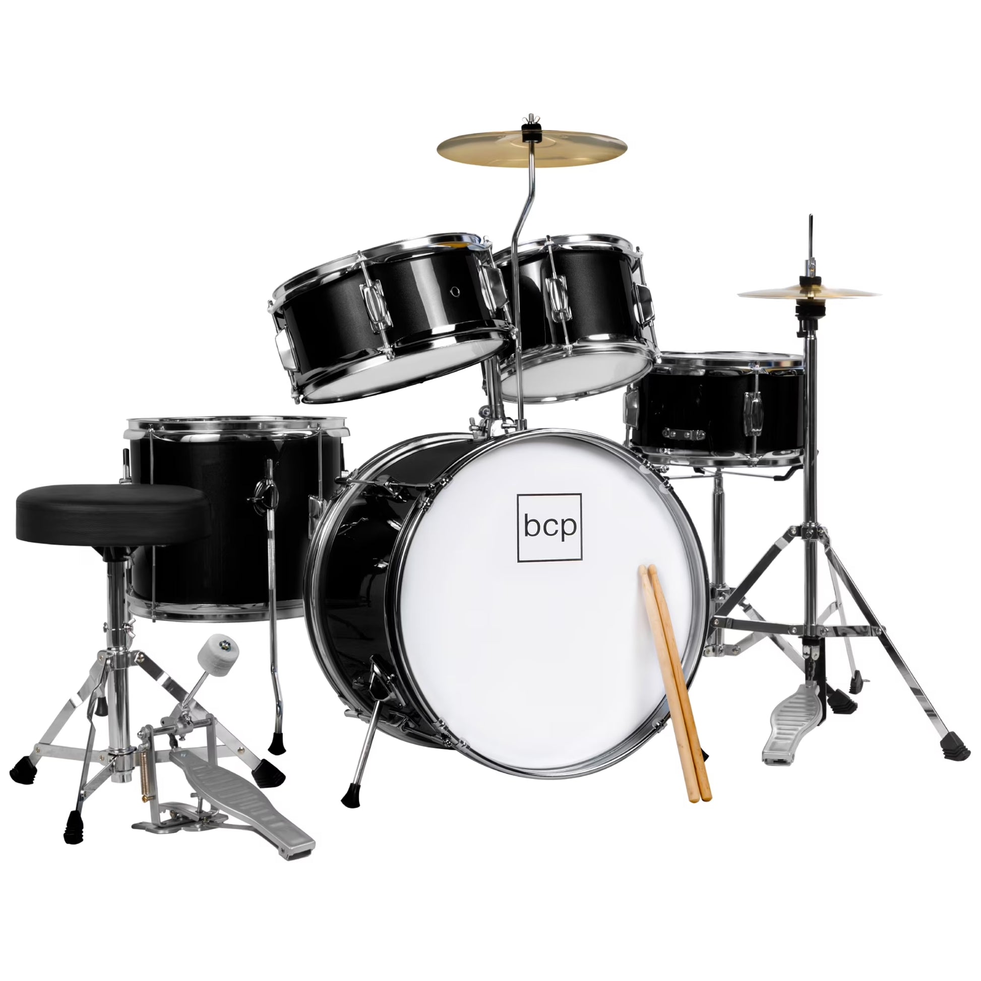5-Piece Kids Beginner Junior Drum Set, Percussion Instrument Starter Kit W/ Stool - Black