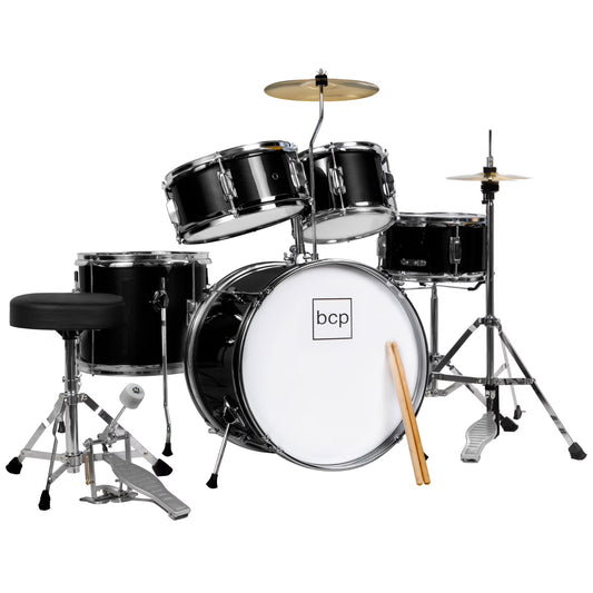 5-Piece Kids Beginner Junior Drum Set, Percussion Instrument Starter Kit W/ Stool - Black