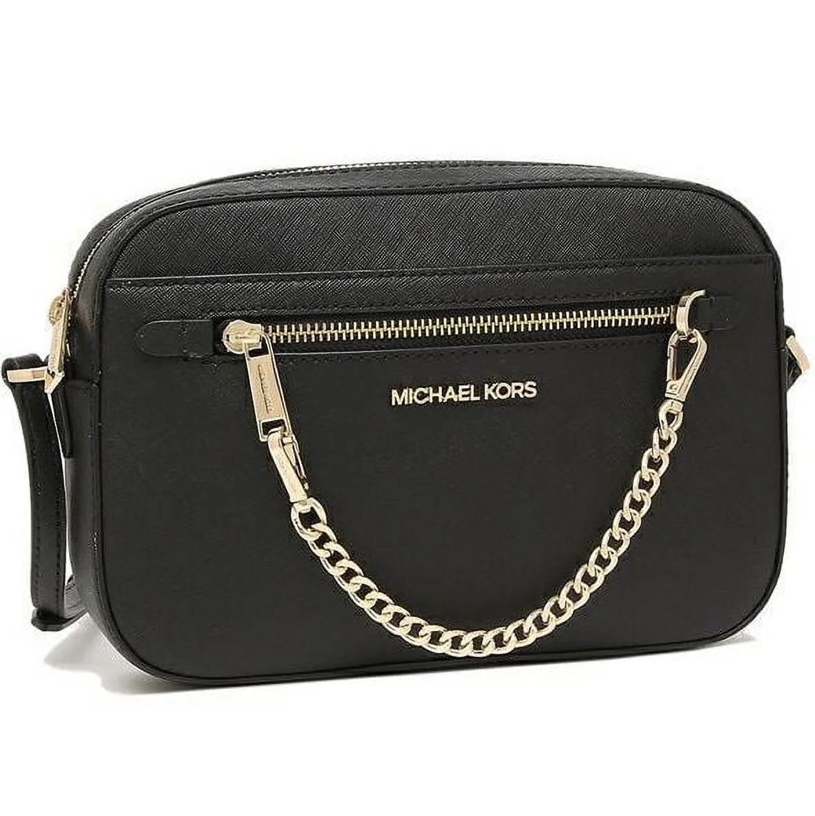 Women'S Adult Two inside Pockets Leather East West Chain Crossbody Bag, Black/Large